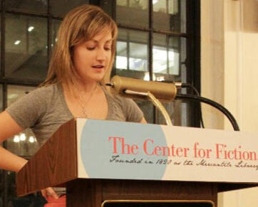 Author/writer Sarah Lynn Knowles reading at a podium labeled "the Center for Fiction" in Manhattan, NYC